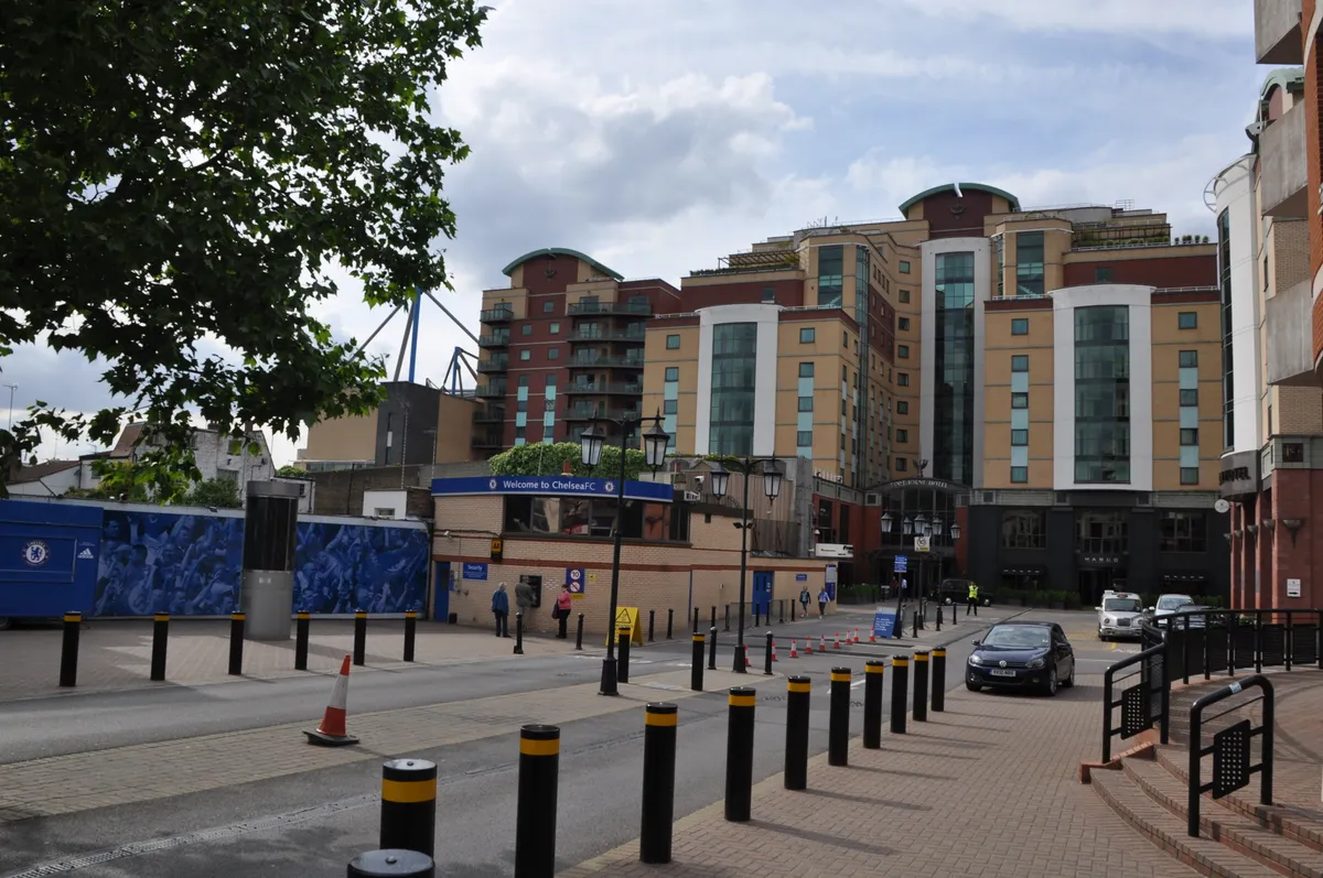 Stamford Bridge stadium entrance on Fulham Road before a Chelsea stadium tour in London