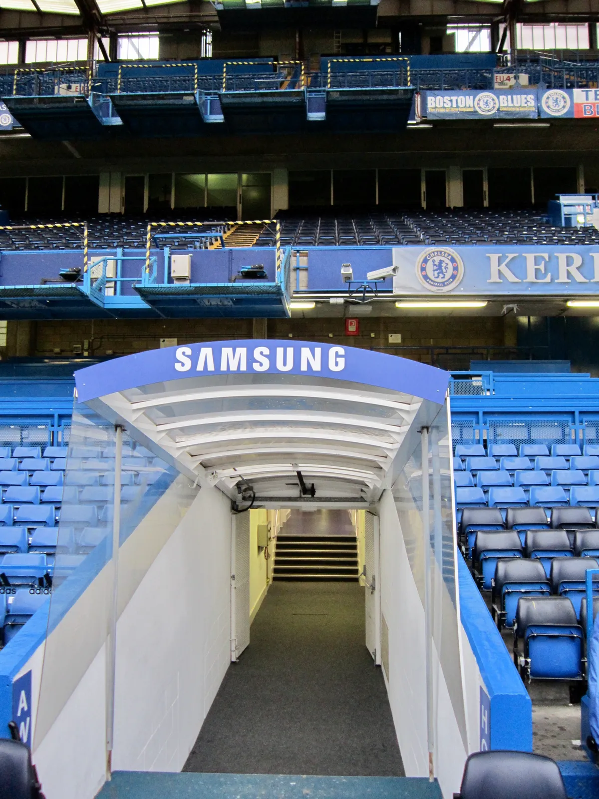 The players' tunnel opening out to the stands on a Chelsea stadium tour at Stamford Bridge in London